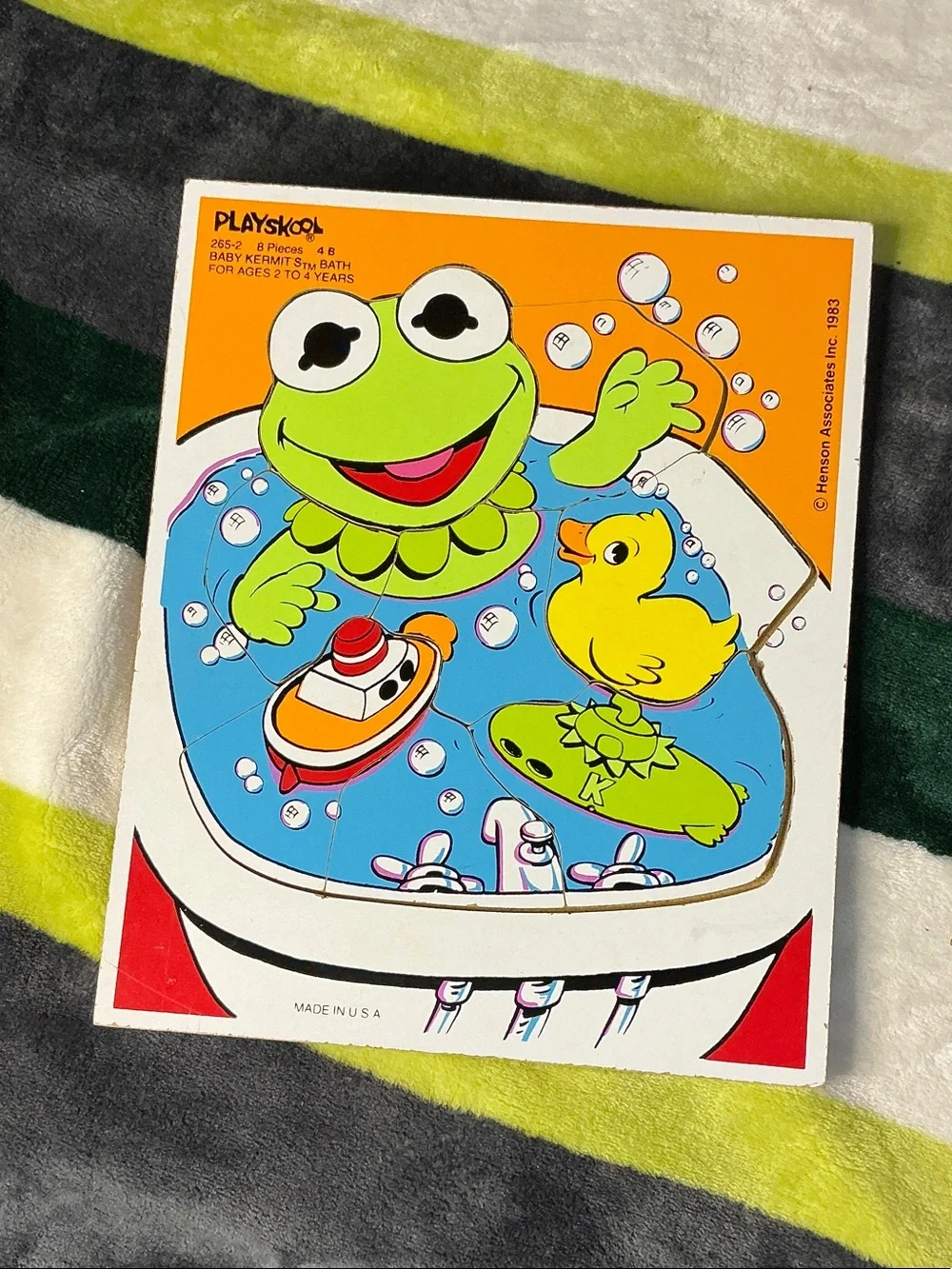Vintage 1993 Playskool Wooden Puzzle Baby Kermit Bath Time 8 Piece Toy 265-2